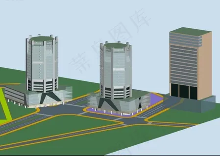 三栋现代风格公共建筑商业办公楼3D...