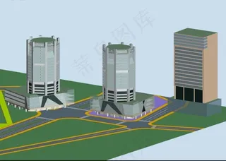 三栋现代风格公共建筑商业办公楼3D...