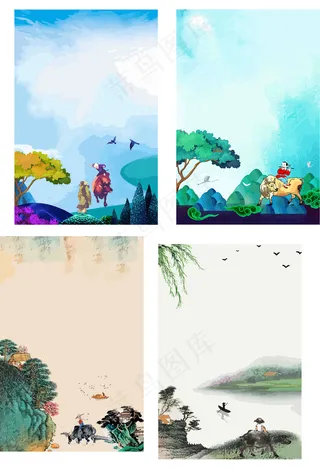 清明春天踏青清明牧童手绘插画海报背...