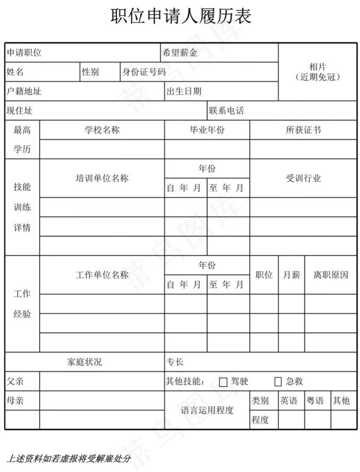 职位申请人履历表