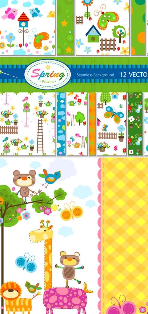 卡通春天动植物插画矢量素材