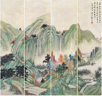 四屏青绿山水图片 四屏青绿山水图片