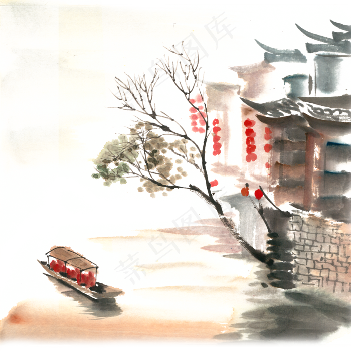张灯结彩的水乡水墨画PNG免抠素材