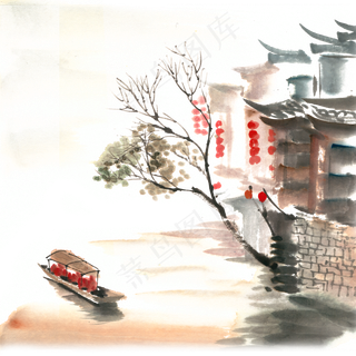 张灯结彩的水乡水墨画PNG免抠素材