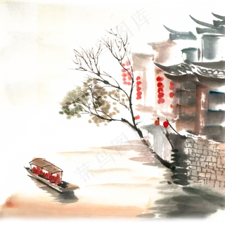 张灯结彩的水乡水墨画PNG免抠素材