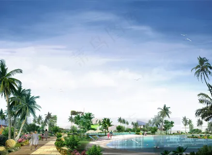 城市公园人工湖效果图PSD分