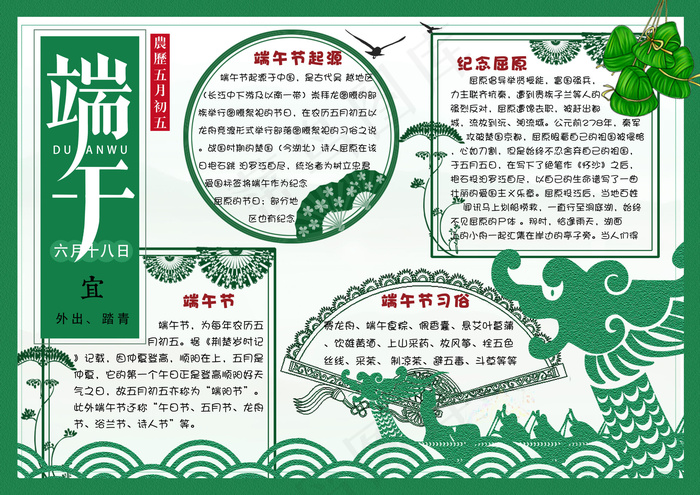 绿色剪纸风端午节电子小报手抄报模板