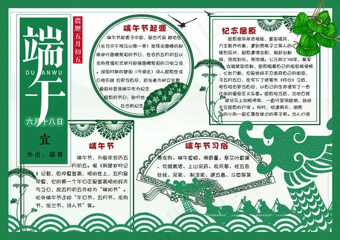 绿色剪纸风端午节电子小报手抄报模板