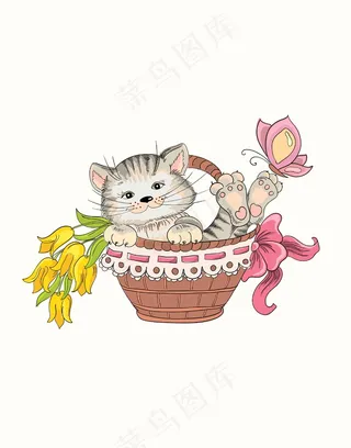 卡通动物猫咪装饰图案蝴蝶花篮