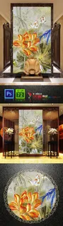 彩雕晶雕荷花莲花金色玄关背景墙图片...