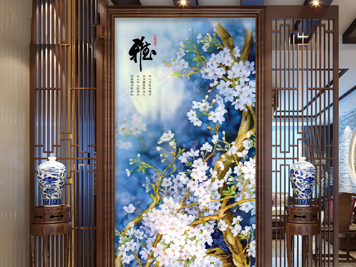 手绘工笔玉兰玄关背景墙(3402X6803(DPI:72))psd模版下载