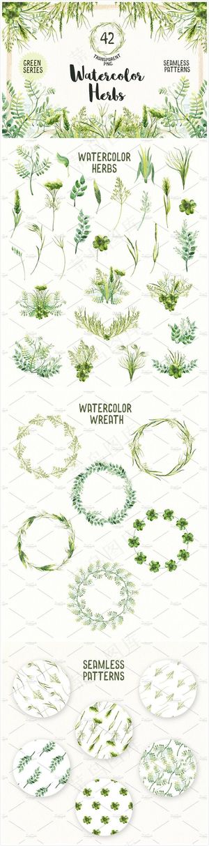 手绘青草绿草水彩画