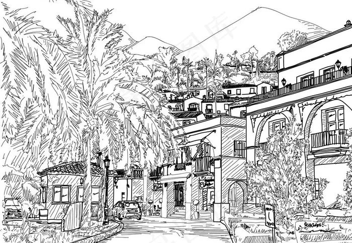 手绘建筑图片eps,ai矢量模版下载