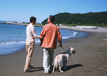海滩老人与狗图片 海滩老人与狗图片
