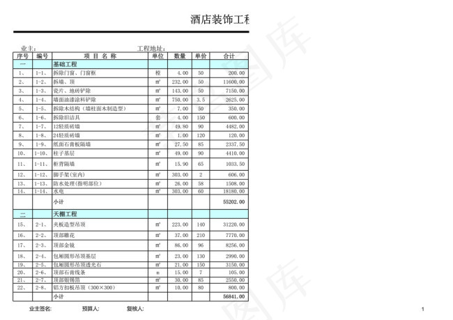 大酒店装饰报价表