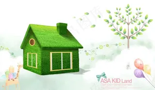 小房子卡通春天背景PSD素材