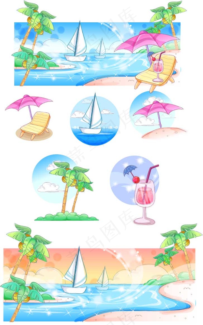 手绘风格的夏日风情系列矢量素材3ai矢量模版下载