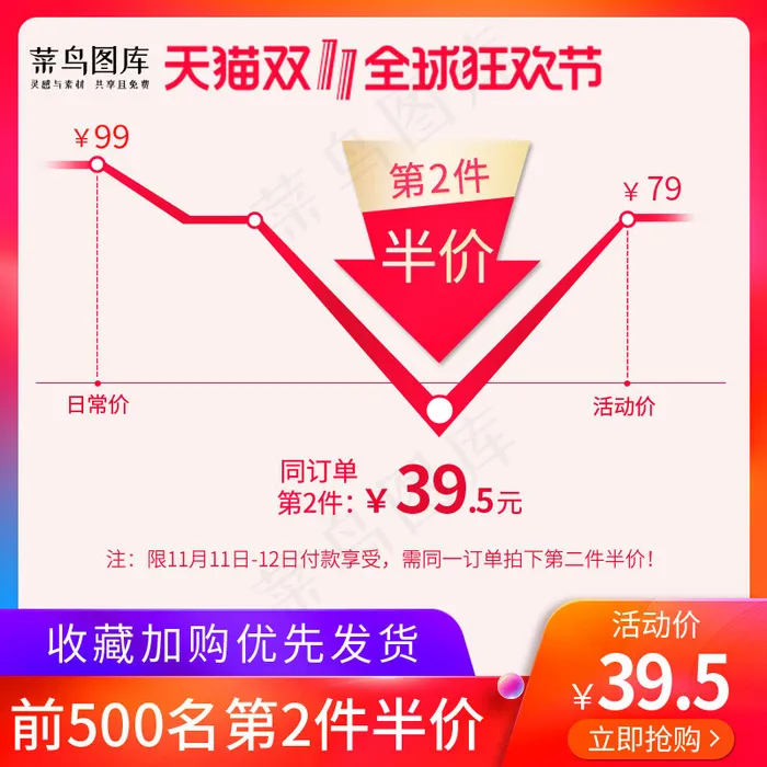 双十一全球狂欢节红色渐变电商主图(800*800px 72 dpi )psd模版下载