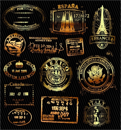 世界各地护照戳印矢量图
