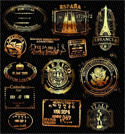 世界各地护照戳印矢量图