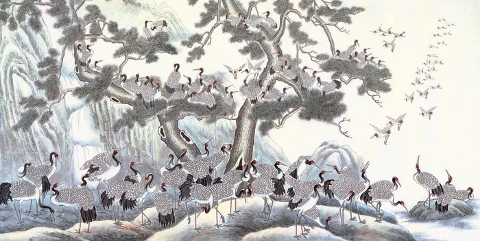 国画艺术千鹤迎松图