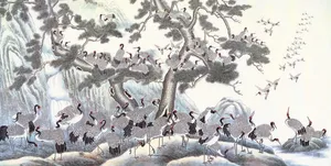 国画艺术千鹤迎松图
