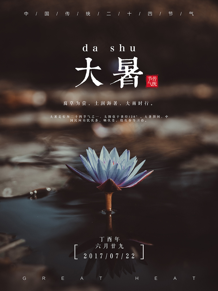 荷花大暑清新简约文艺中国传统节气海报