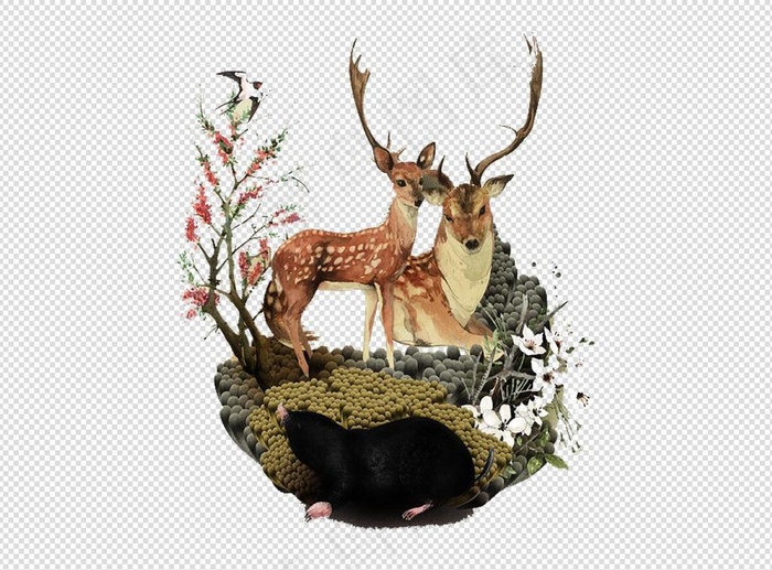 实物卡通手绘插画麋鹿梅花鹿鹿角PN...