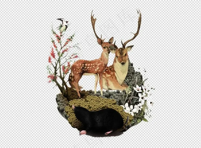 实物卡通手绘插画麋鹿梅花鹿鹿角PN...
