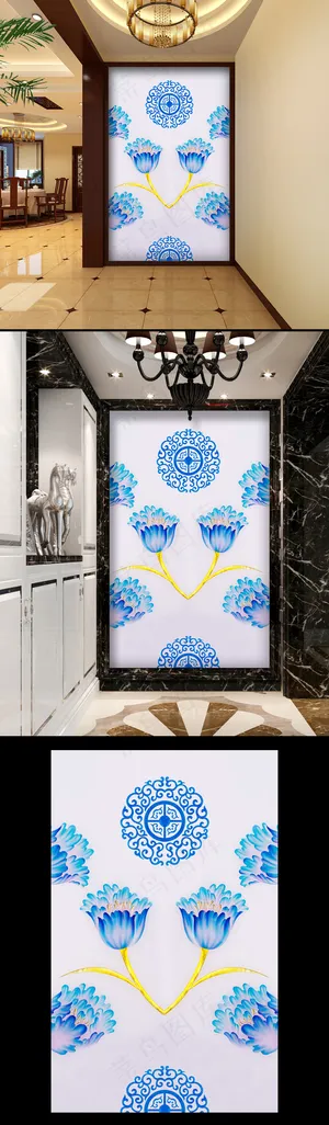 彩雕中式玄关背景墙隔断屏风效果图