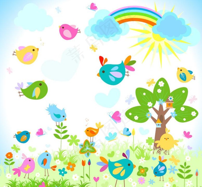 可爱小鸟绿树草地 春天背景图片