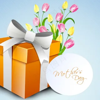 母亲节快乐的概念 一个礼品盒和花的标签