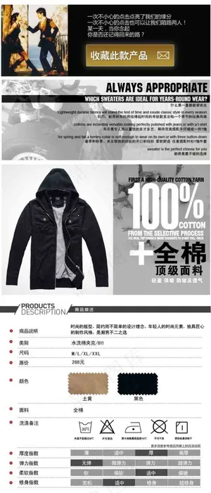 淘宝网男装男士夹克详情页面细节描述...