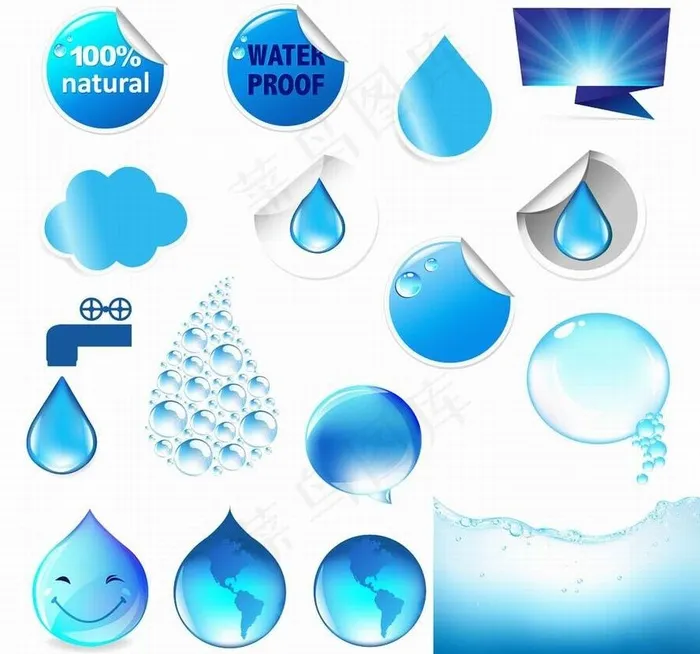 蓝色水珠水滴表情贴纸图片eps,ai矢量模版下载