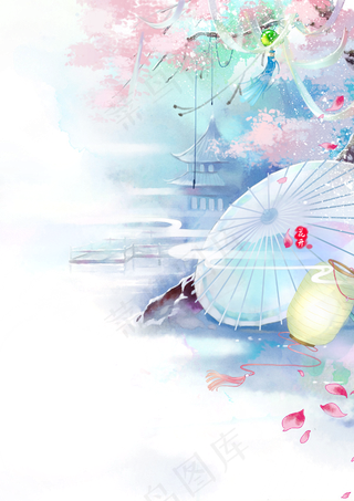 唯美古风水彩油伞插画