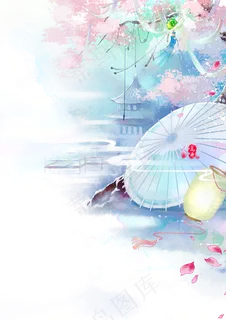 唯美古风水彩油伞插画 唯美古风水彩油伞插画