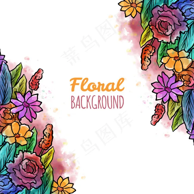 手绘彩色花和树叶背景ai矢量模版下载