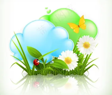 绿草鲜花蝴蝶云彩 绿色生态环保背景图片