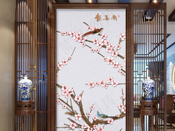 报春图手绘工笔梅花玄关背景墙(3402X6803(DPI:72))psd模版下载