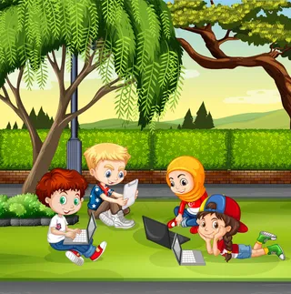 草坪上学习的孩子