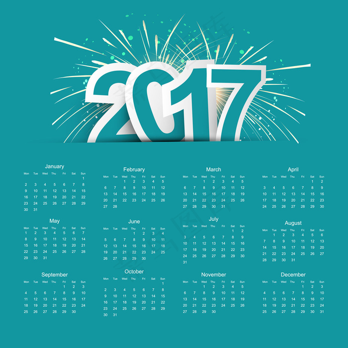 2017日历与烟花ai矢量模版下载