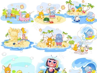卡通动物人物儿童风景插画矢量素材手...