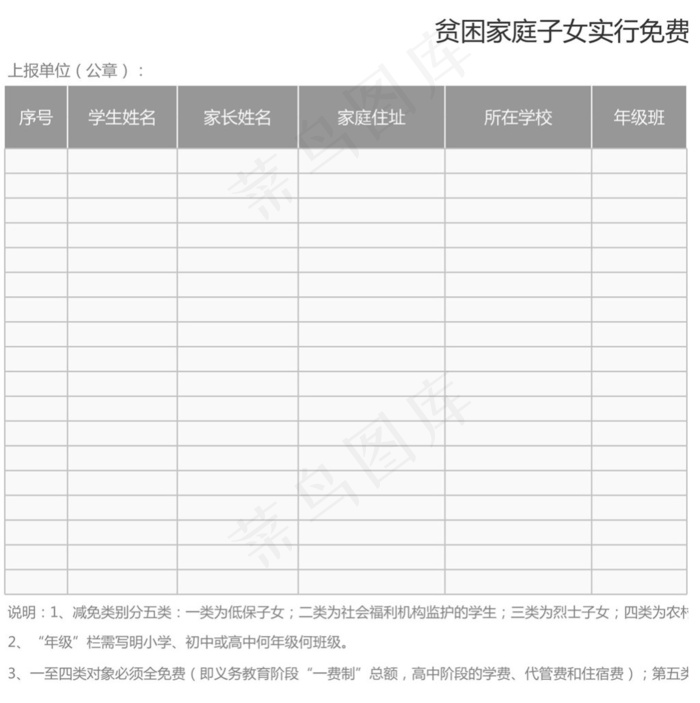 贫困家庭子女实行免费教育学生名册