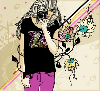 潮流彩绘摄影女生矢量素材