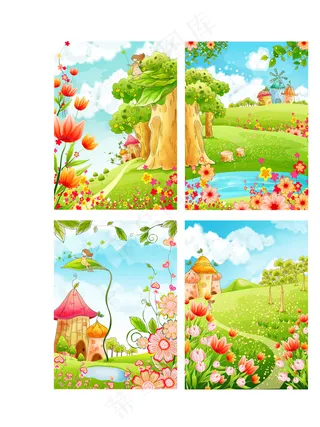 卡通手绘春天森林插画海报背景矢量元...