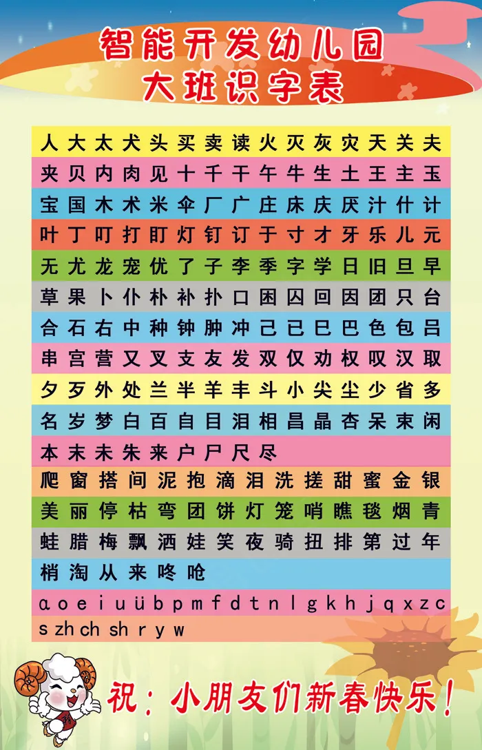 大班识字表psd模版下载