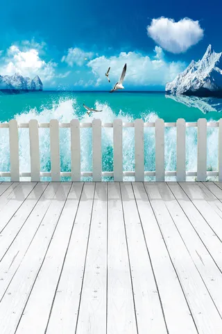 蓝天白云大海飞鸟影楼摄影背景图片