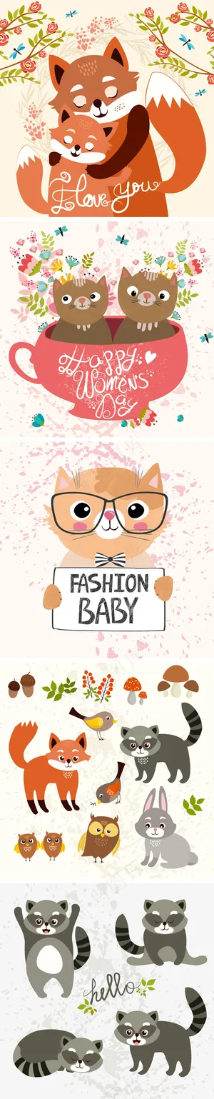 可爱卡通小动物矢量集合