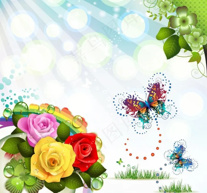 梦幻花朵蝴蝶 春天背景图片eps,ai矢量模版下载
