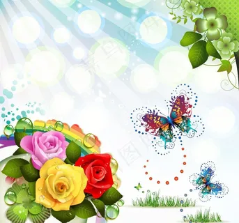 梦幻花朵蝴蝶 春天背景图片